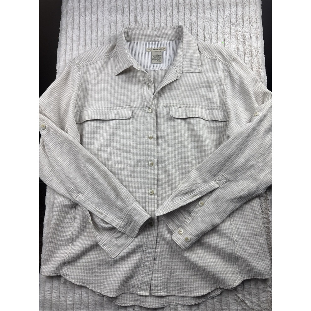 ExOfficio Shirt Men L Gray White Button Up Fishing Outdoors Quick Dry Mesh Lined